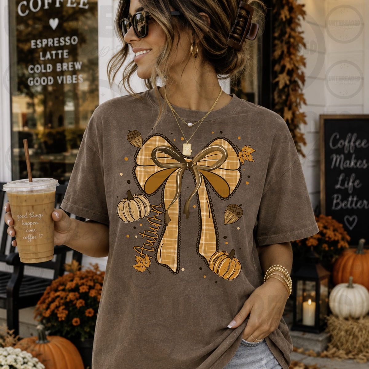 Brown Autumn Plaid Bow Pumpkins and Leaves Graphic T-Shirt mockup