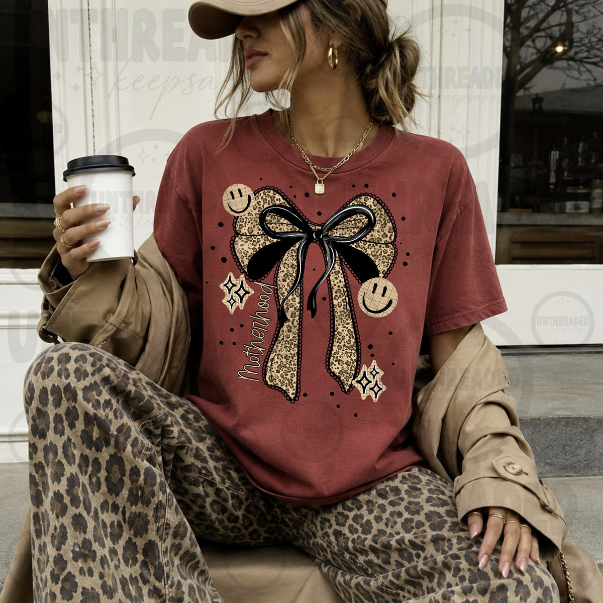 Brick Red Motherhood Leopard Bow and Smiley Faces Graphic T-Shirt mockup