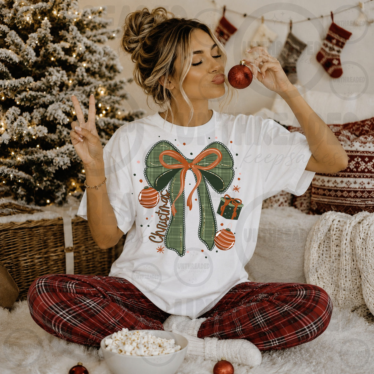 White Christmas Green Bow Ornaments and Gift Graphic T-Shirt mockup