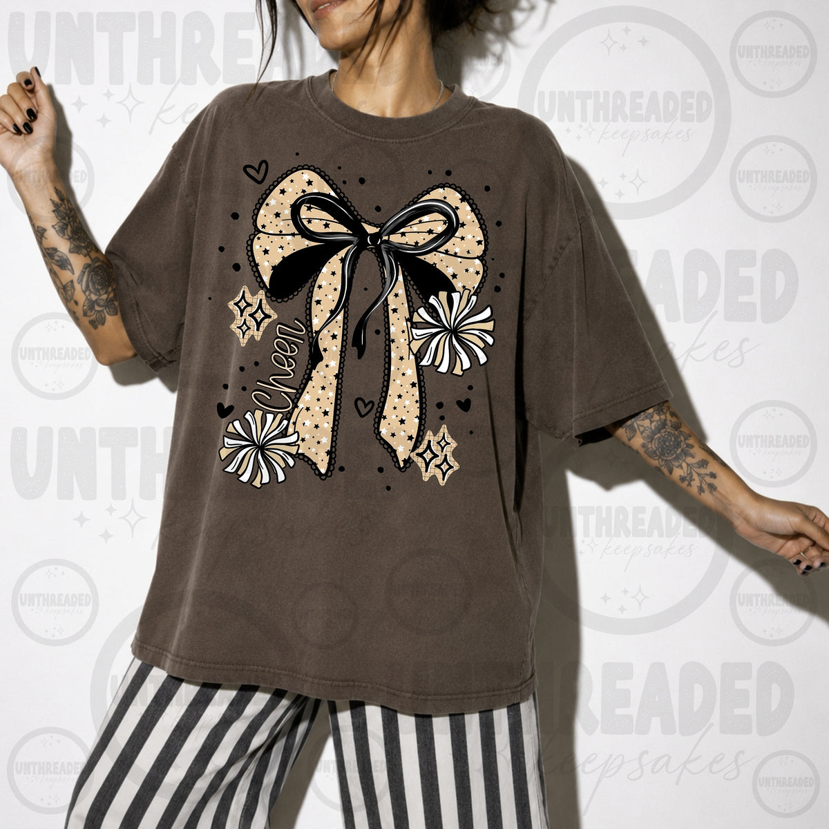 Brown Cheer Star Bow and Pom-Poms Graphic T-Shirt mockup