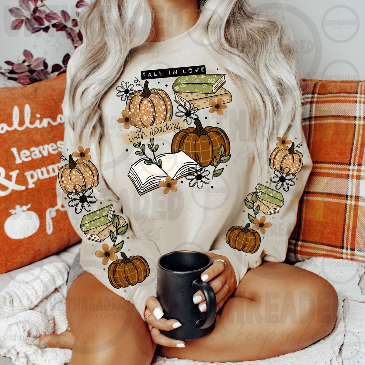 Cream Fall in Love with Reading Pumpkins and Books Front and Sleeve Graphic Crewneck mockup