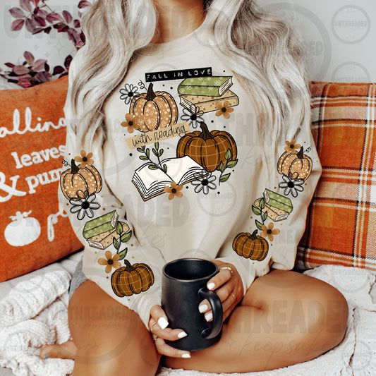 Cream Fall in Love with Reading Pumpkins and Books Front and Sleeve Graphic Crewneck mockup
