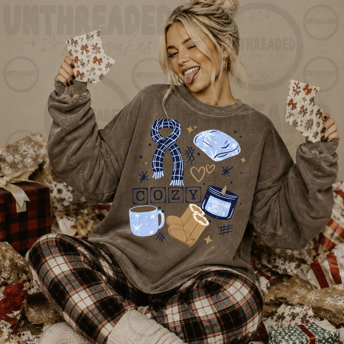 Brown Cozy Winter Scarf Hat Boots and Candle Graphic Crewneck Sweatshirt mockup