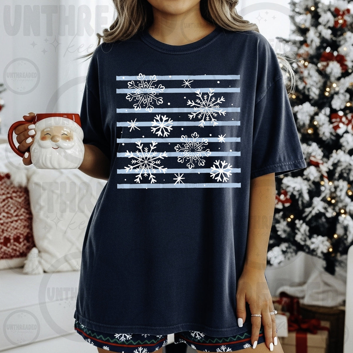 Navy Snowflakes and Blue Stripes Winter Graphic T-Shirt mockup