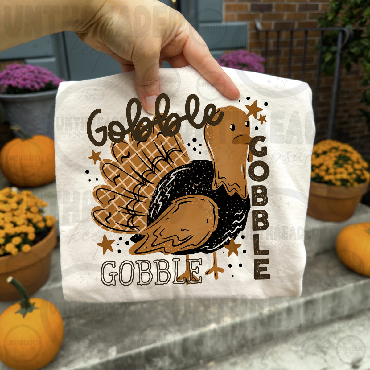 Gobble Gobble Plaid Turkey Thanksgiving Graphic T-Shirt in Cream — product mockup