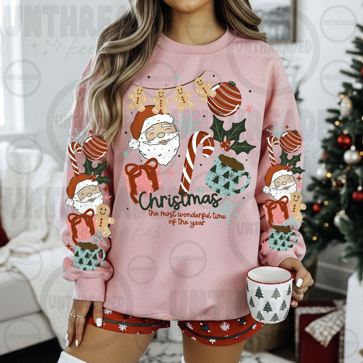 Christmas Santa and Ornaments Front and Sleeve Graphic Crewneck in Pink — product mockup