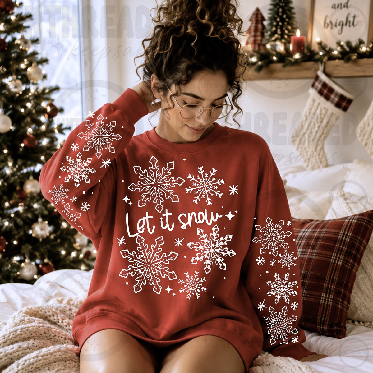 Let It Snow Snowflake Front and Sleeve Graphic Crewneck in Red