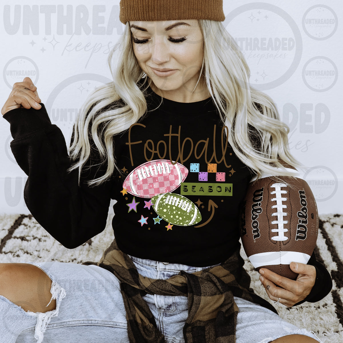 Football Season Pink and Green Football Graphic Crewneck in Black