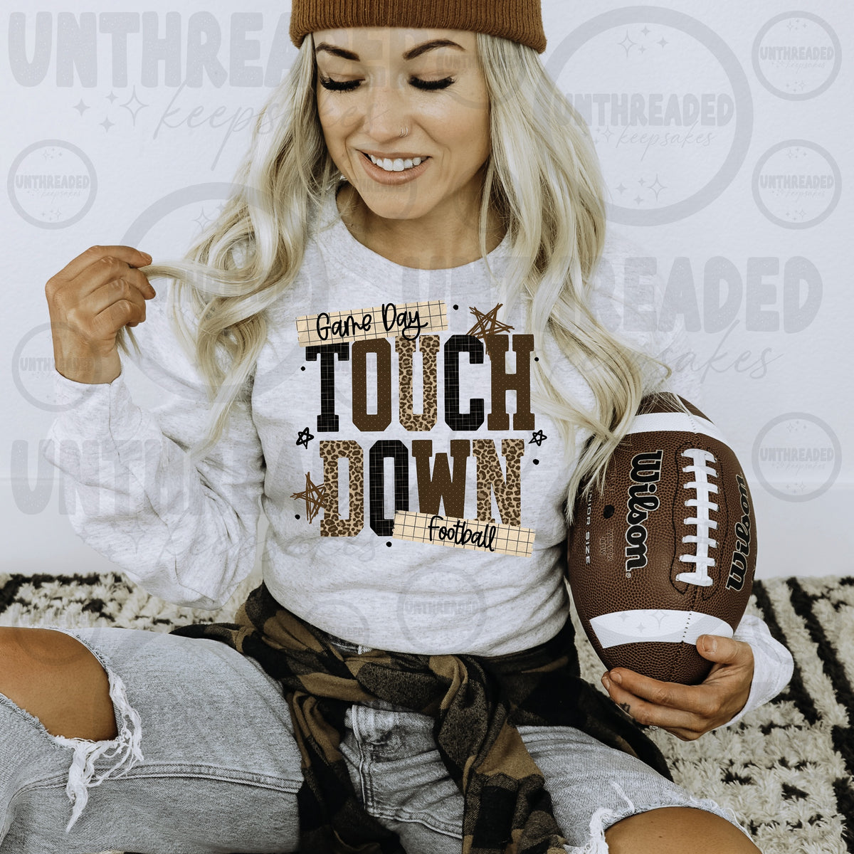 Game Day Touchdown Football Graphic Crewneck Sweatshirt in Light Gray