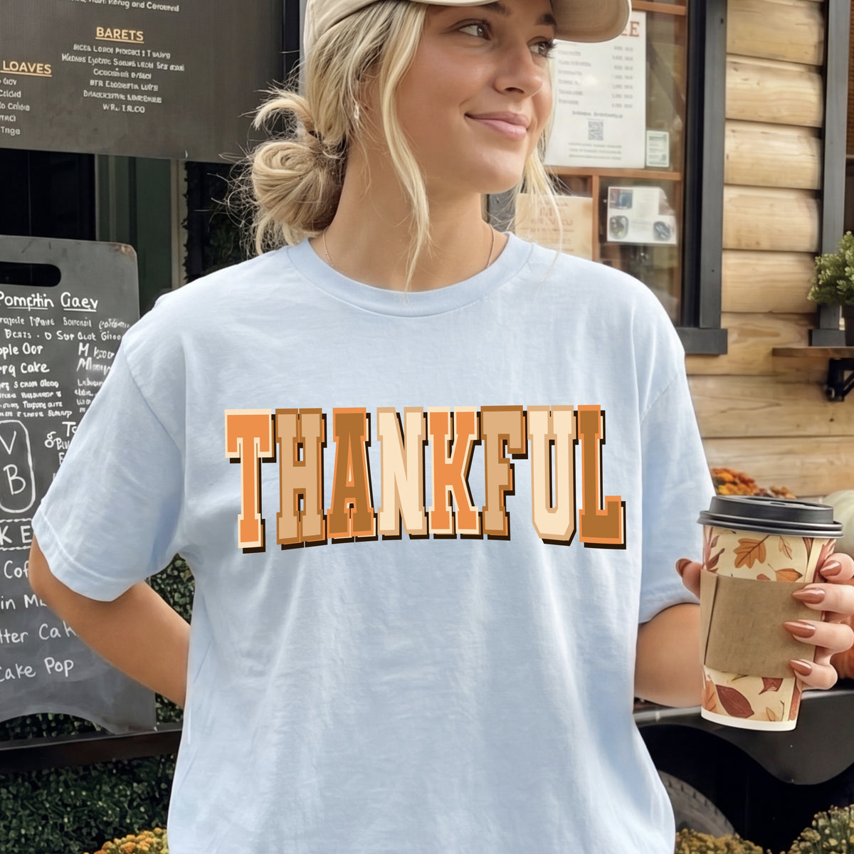 Light Blue Thankful Orange Varsity Lettering Graphic T-Shirt mockup