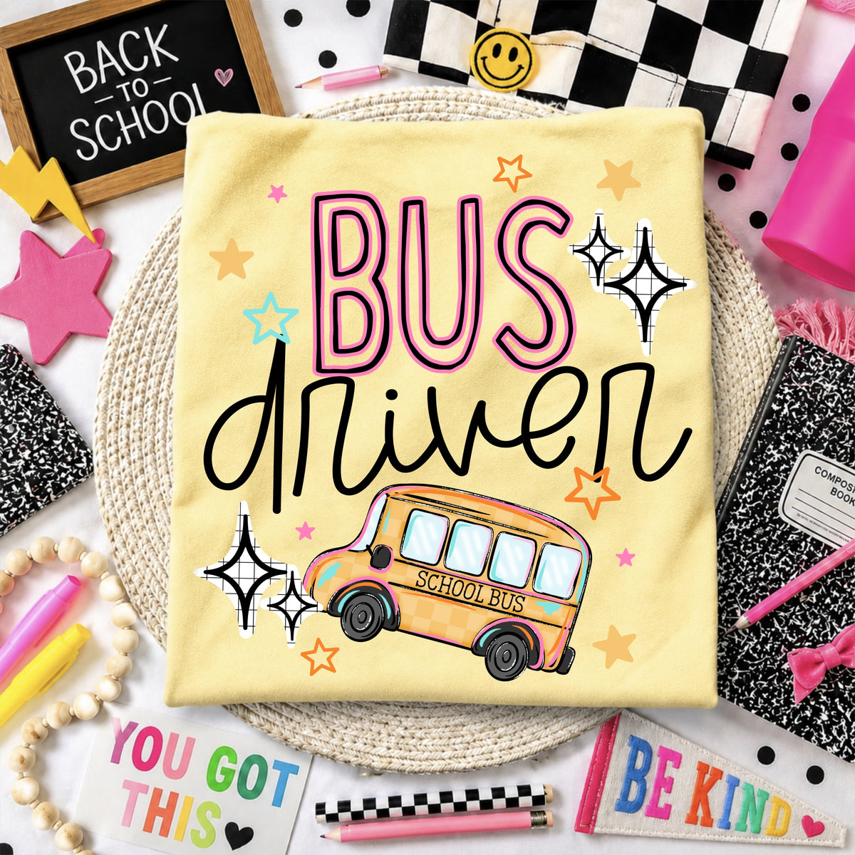 Yellow Bus Driver Colorful School Bus and Stars Graphic T-Shirt mockup