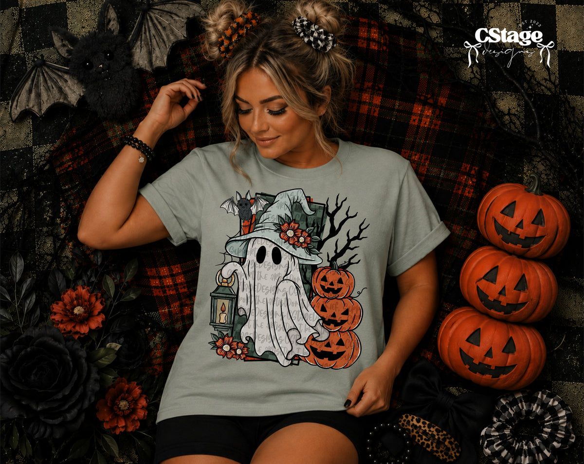 Sage Green Witch Hat Ghost Lantern and Stacked Pumpkins Halloween Graphic T-Shirt mockup