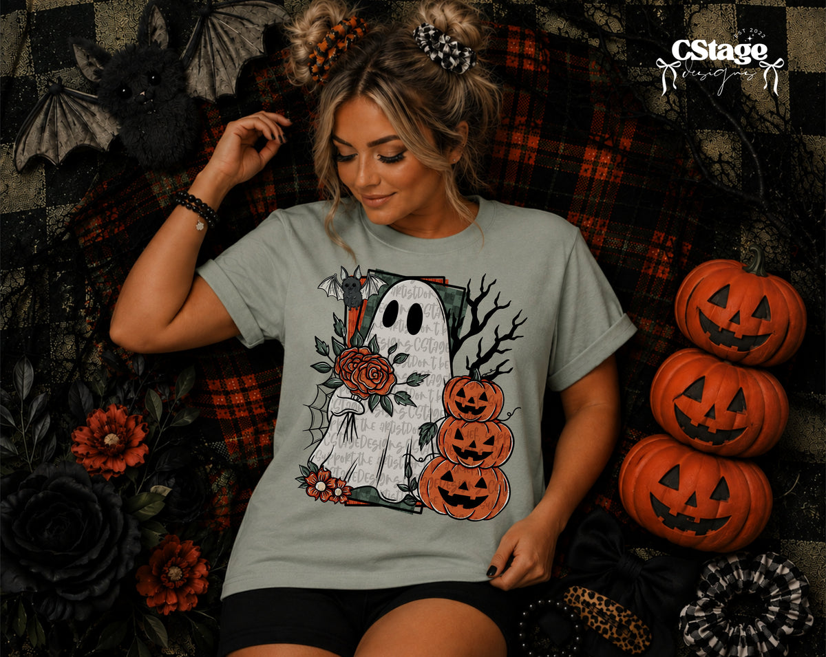 Sage Green Ghost with Orange Rose and Stacked Pumpkins Halloween Graphic T-Shirt mockup