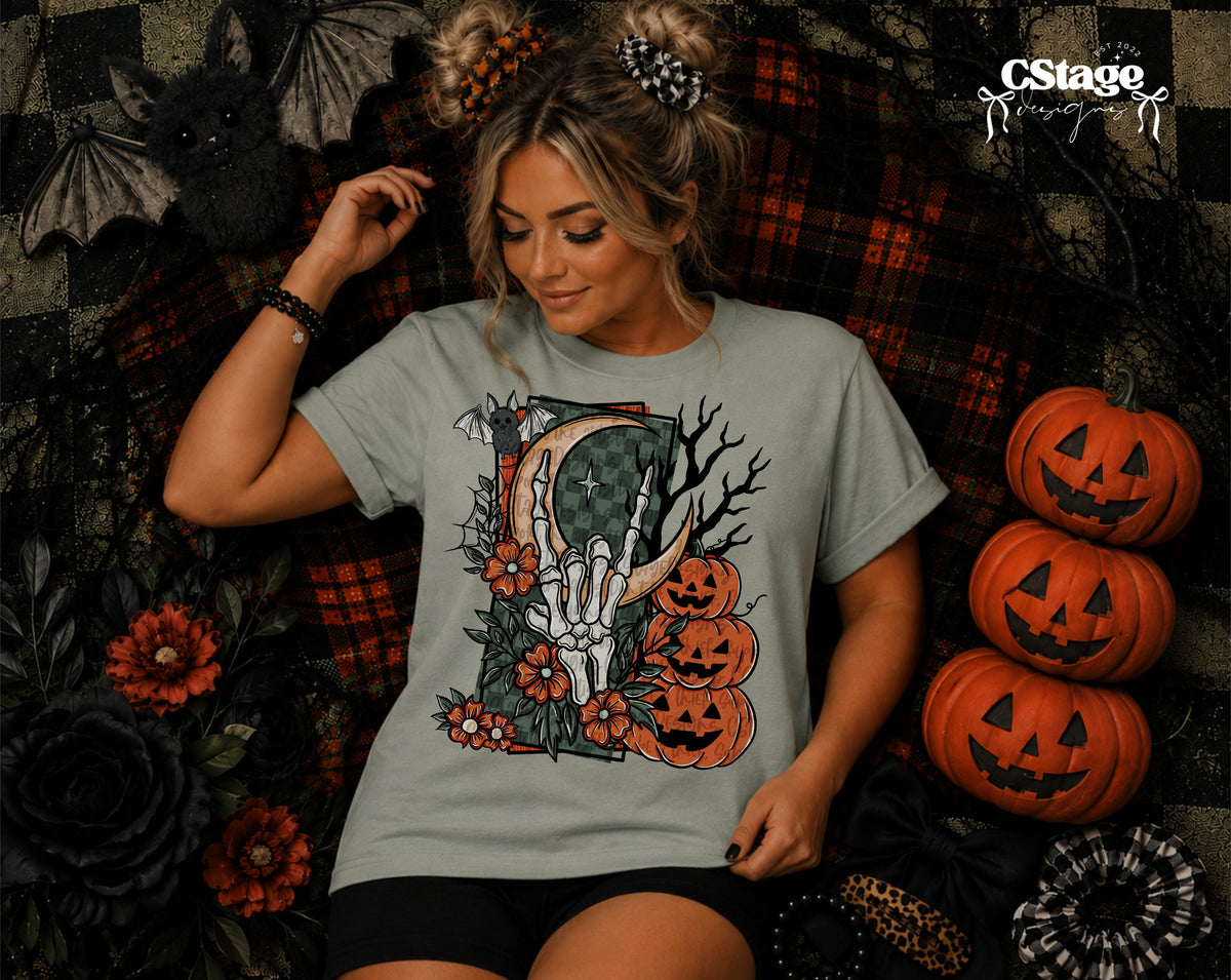 Sage Green Skeleton Hand Crescent Moon and Stacked Pumpkins Halloween Graphic T-Shirt mockup
