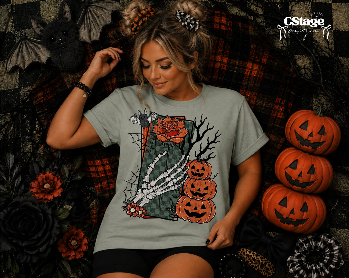 Sage Green Skeleton Hand Rose and Stacked Jack-O-Lanterns Halloween Graphic T-Shirt mockup