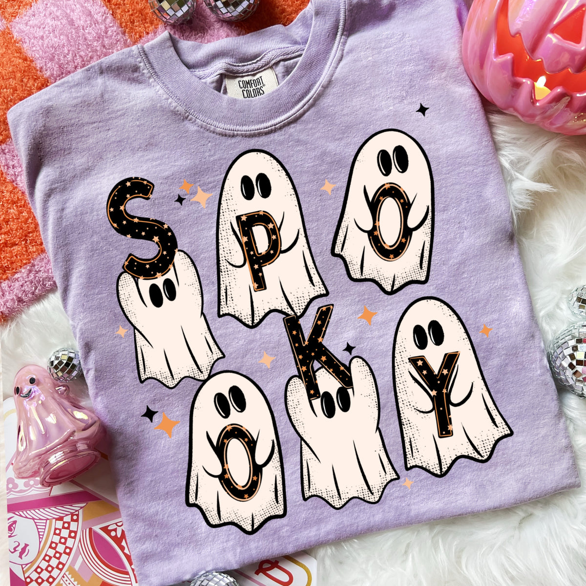 Lavender Spooky Letter Ghosts and Stars Halloween Graphic T-Shirt mockup