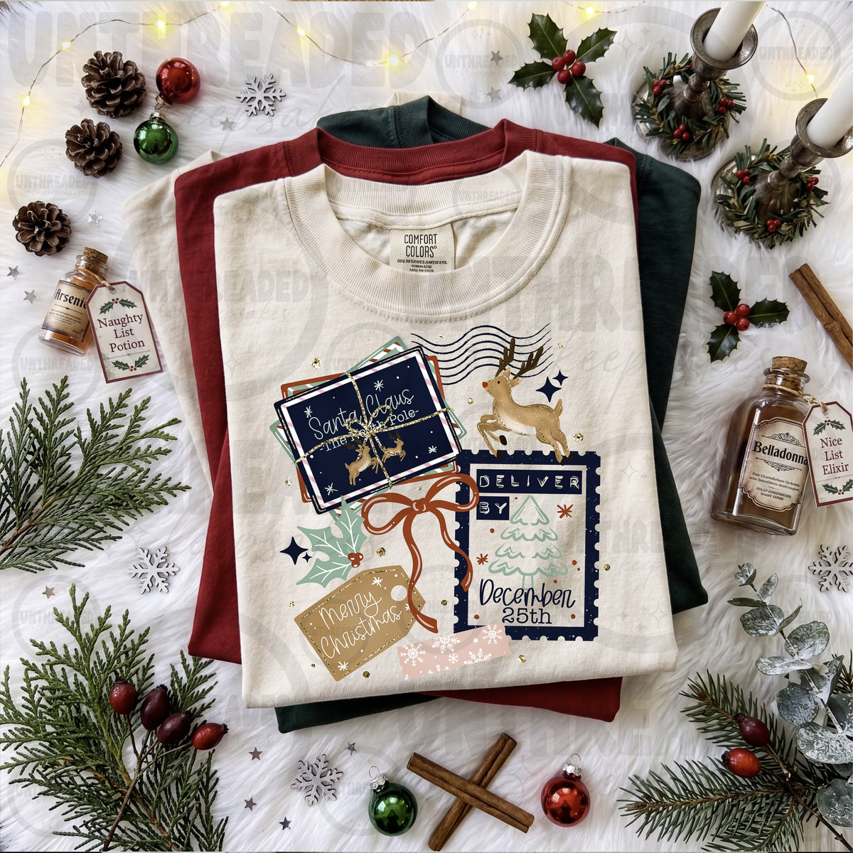 Cream Santa Claus Christmas Postage Reindeer and Bow Graphic T-Shirt mockup