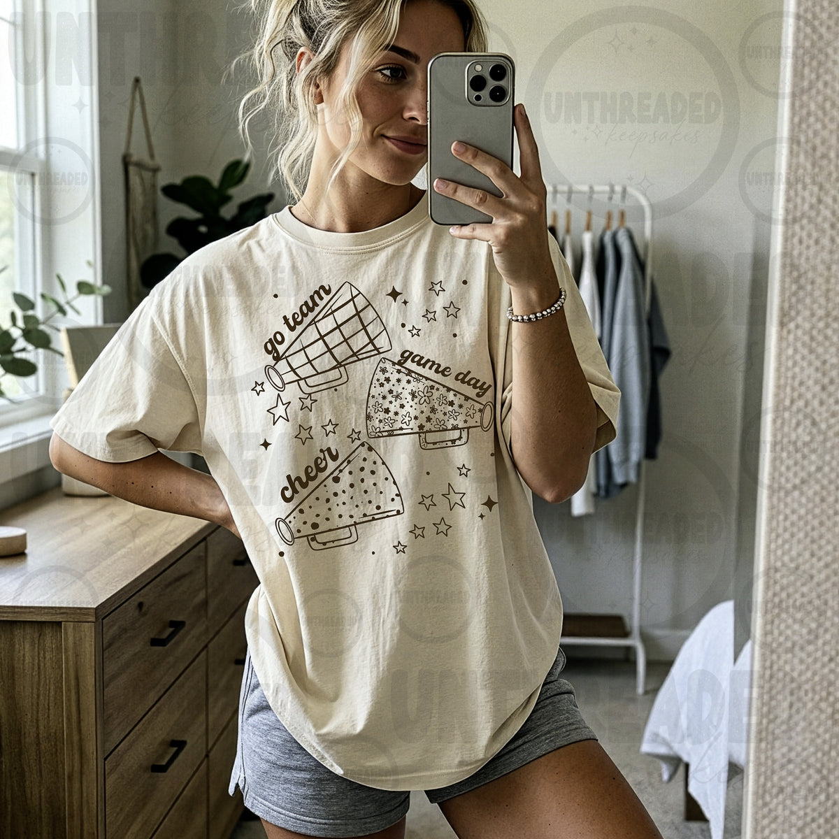 Cream Go Team Game Day Cheer Megaphones and Stars Graphic T-Shirt mockup