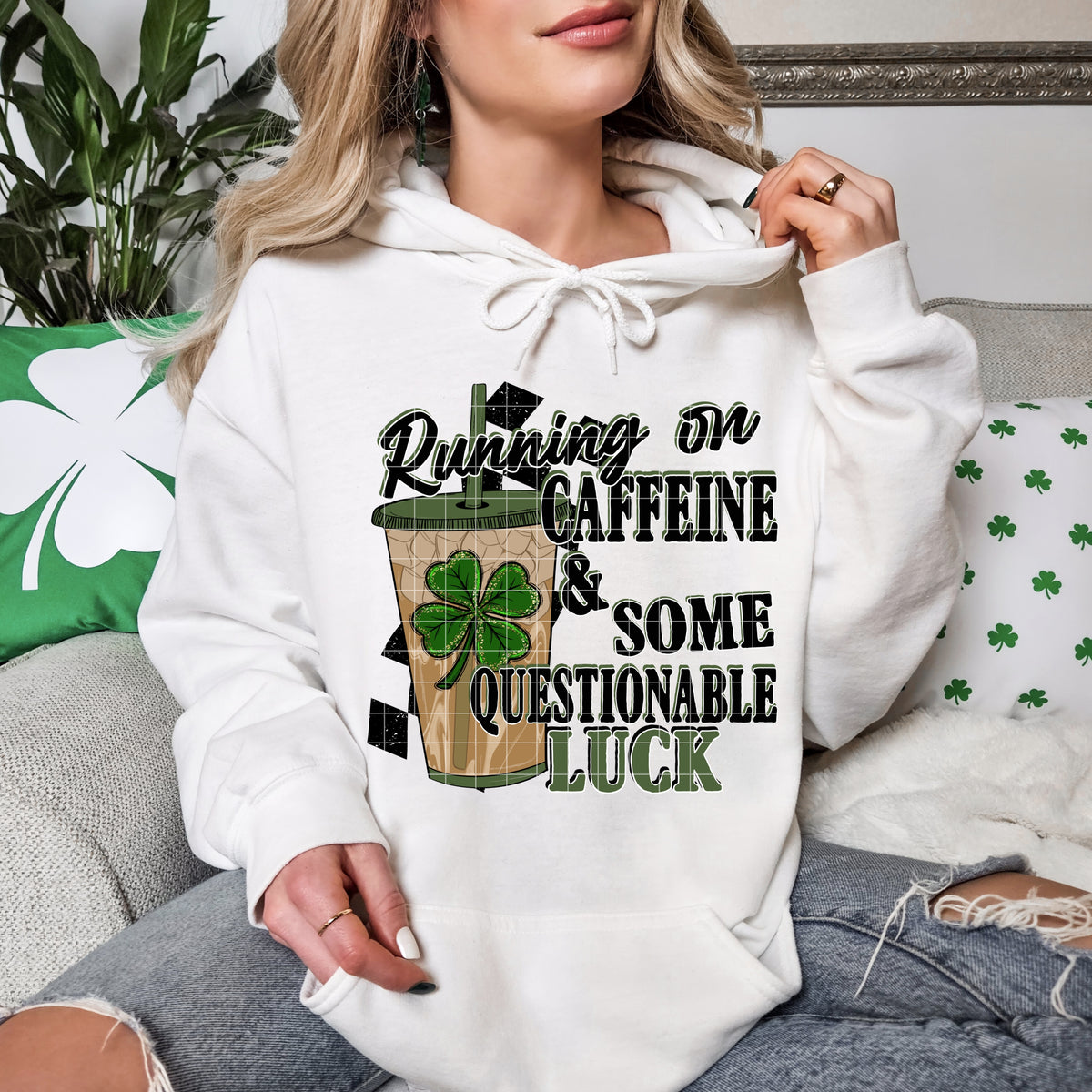 White Running on Caffeine and Some Questionable Luck Shamrock Graphic Hoodie mockup