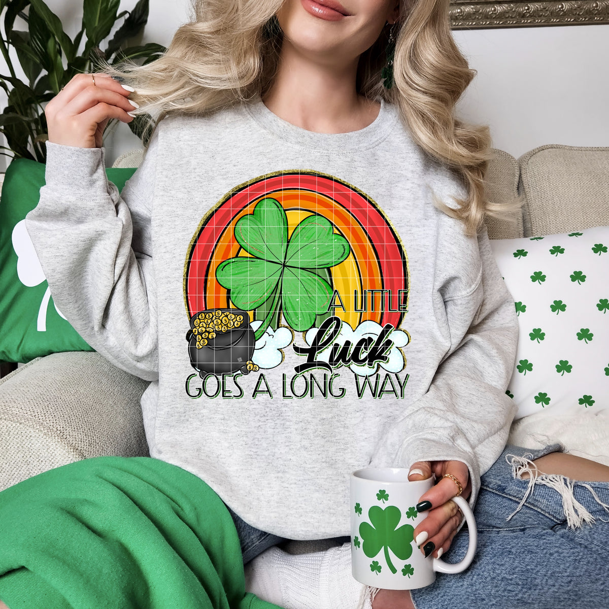 Light Gray A Little Luck Goes a Long Way Shamrock Rainbow Graphic Crewneck Sweatshirt mockup