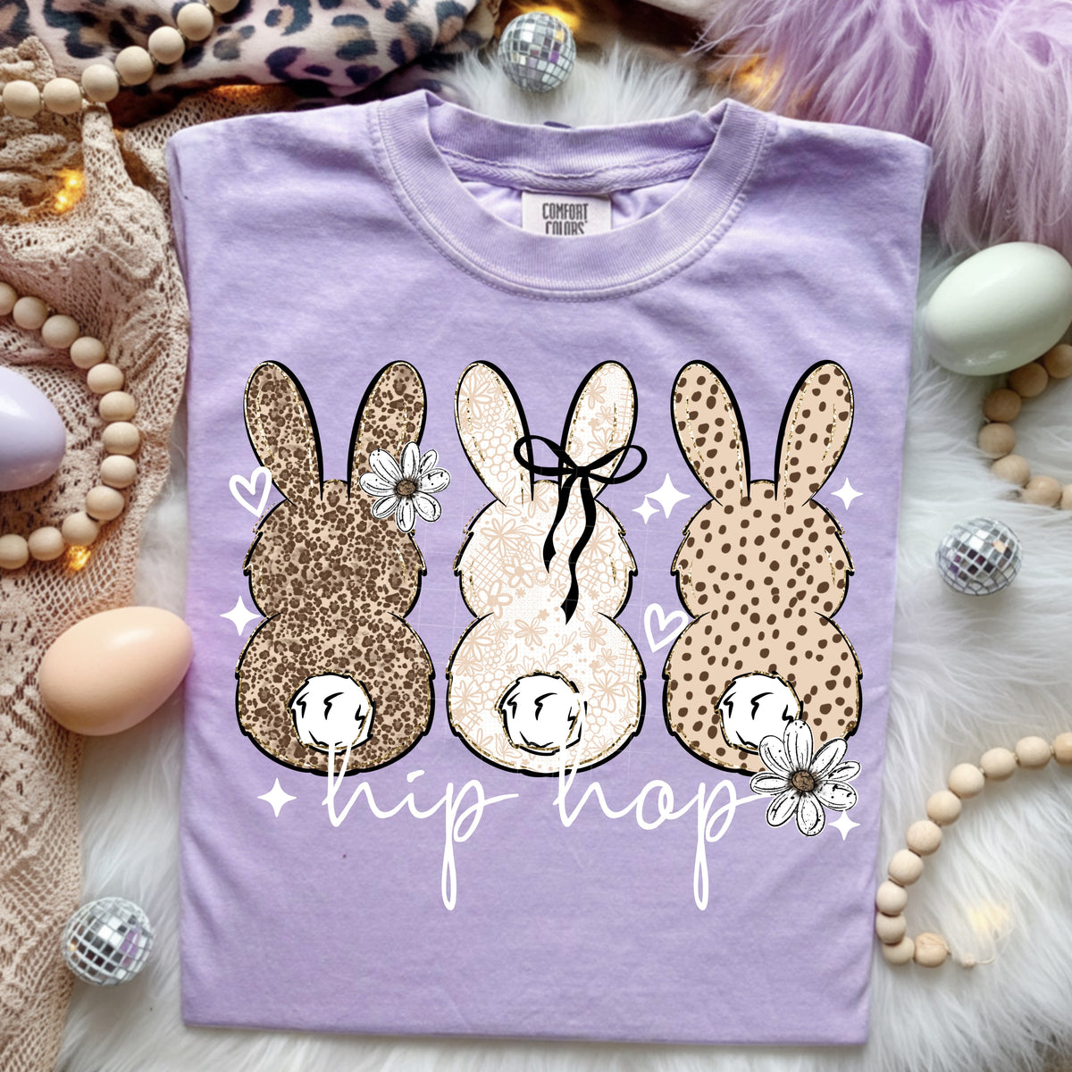 Lavender Hip Hop Leopard and Floral Bunny Trio Easter Graphic T-Shirt mockup