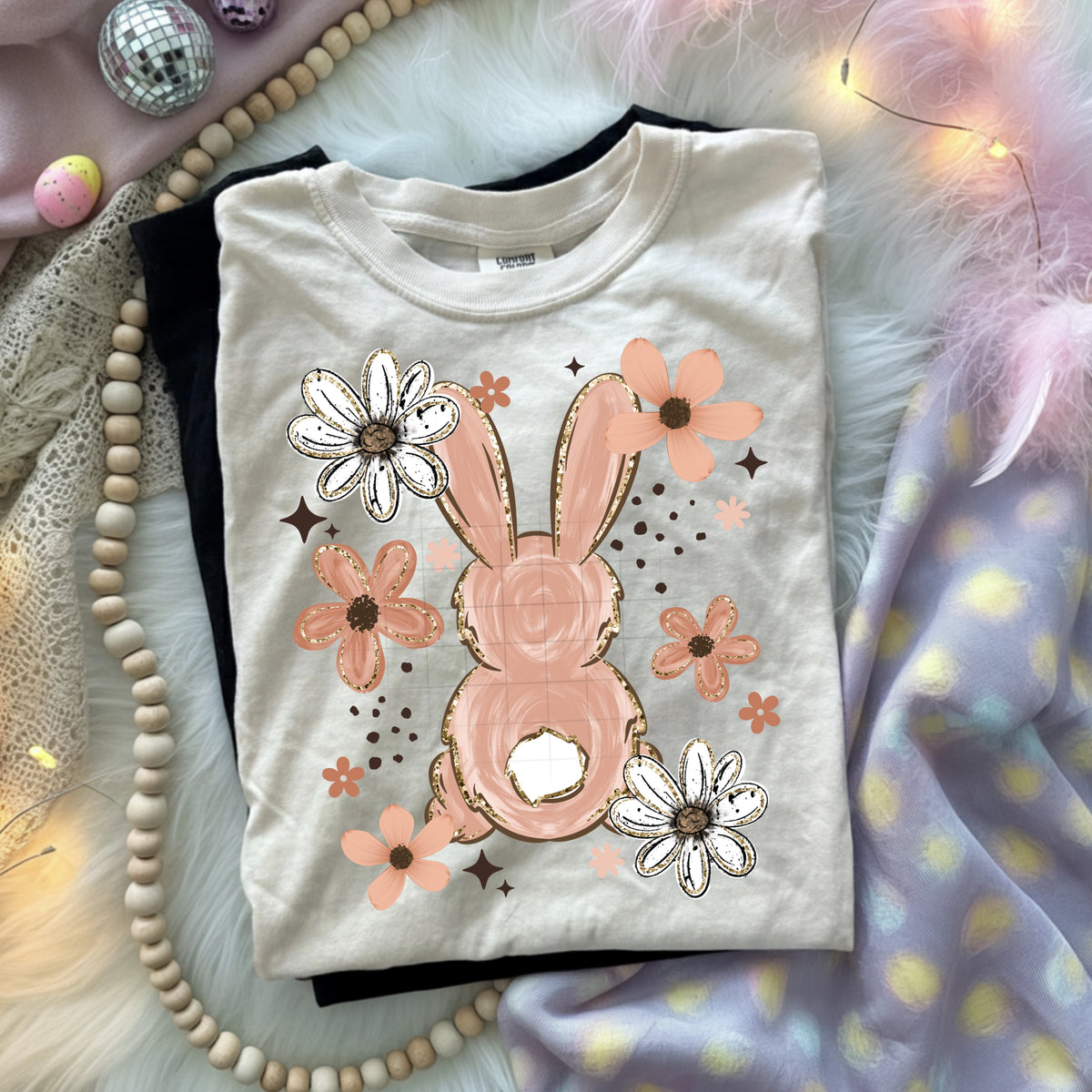 Cream Floral Bunny Back and Daisy Easter Graphic T-Shirt mockup