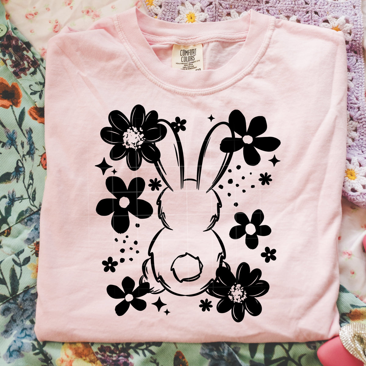 Pink Floral Bunny Back and Daisy Easter Graphic T-Shirt mockup