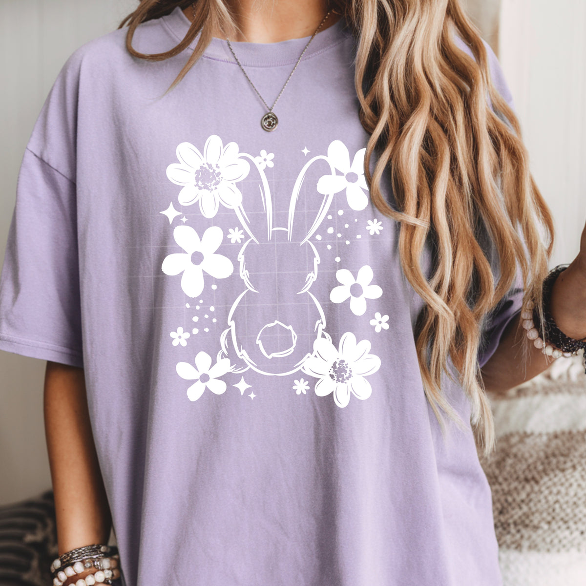 Lavender Floral Bunny Back and Daisy Easter Graphic T-Shirt mockup