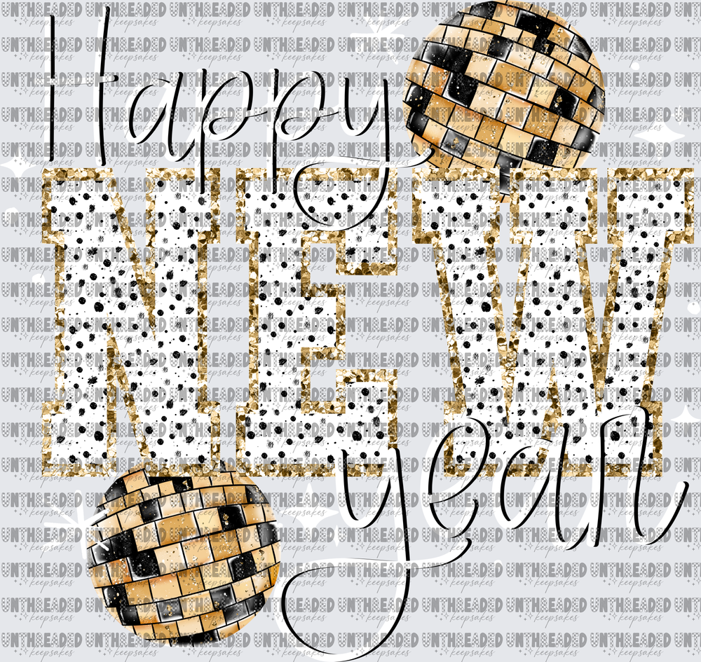 Happy New Year Gold Glitter Varsity Letters Disco Balls