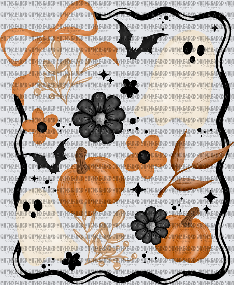 Boho Halloween Ghosts Pumpkins Bats Floral Orange Bow