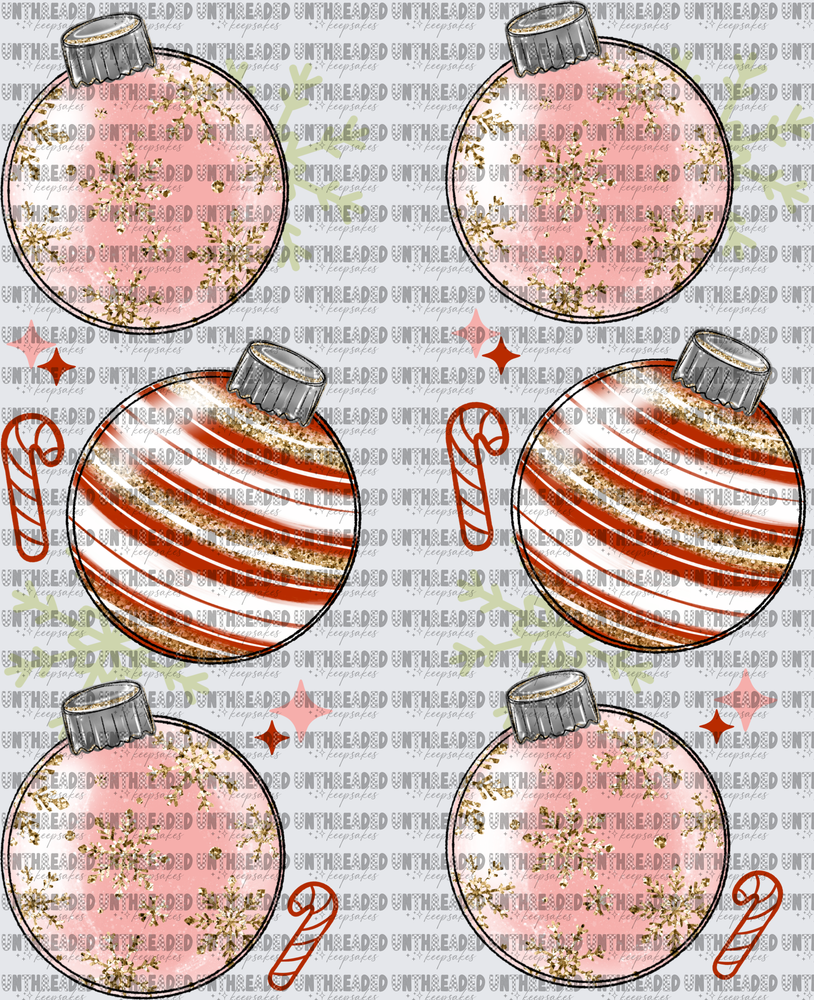 Pink and Red Striped Christmas Ornaments Gold Snowflakes Gang Sheet