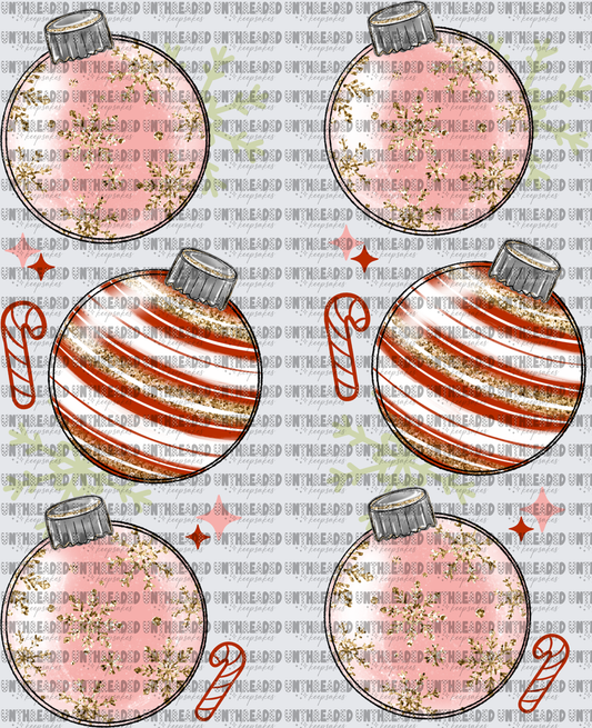 Pink and Red Striped Christmas Ornaments Gold Snowflakes Gang Sheet
