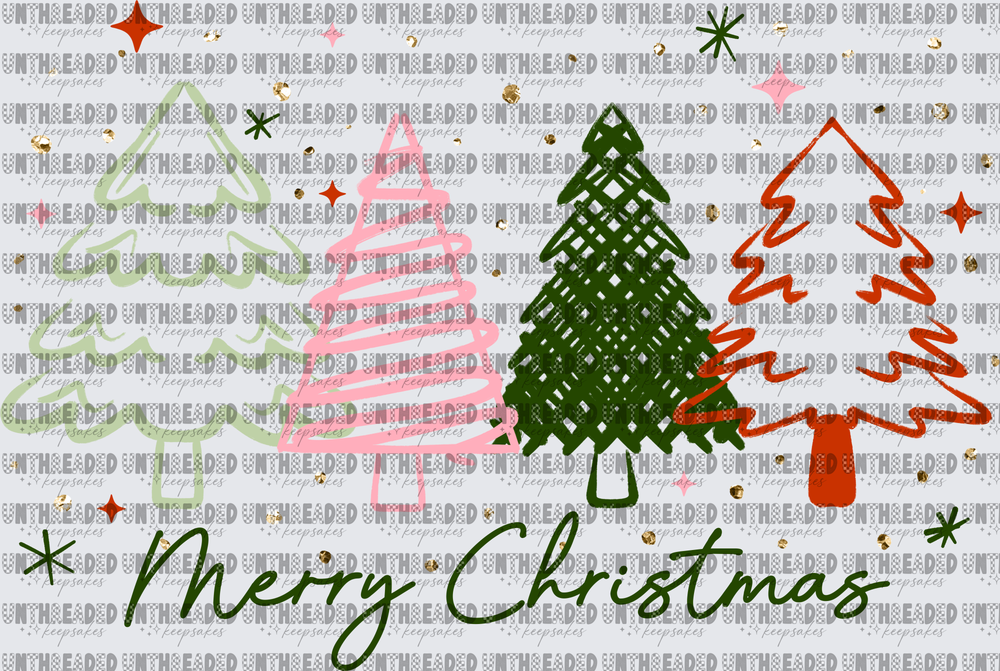 Merry Christmas Four Doodle Trees Gold Confetti Stars