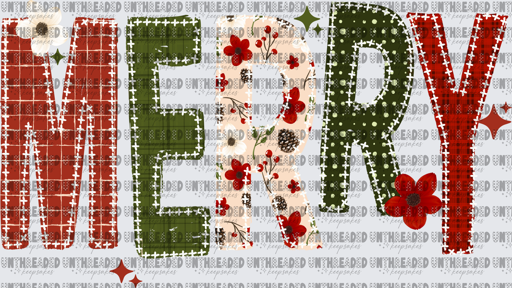 Merry Patchwork Plaid Floral Christmas Typography