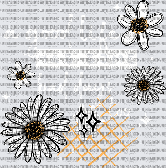 Sketchy Daisy Flowers with Gold Grid and Sparkle Stars