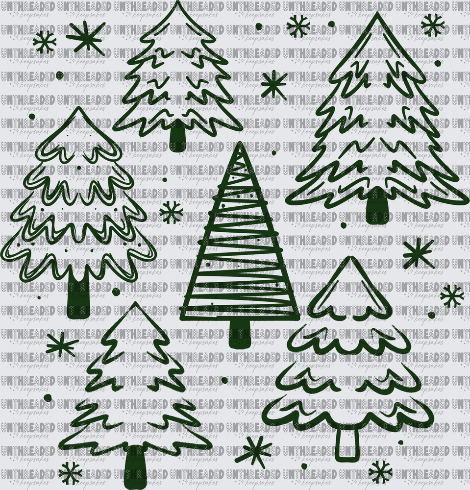 Dark Green Doodle Christmas Trees with Snowflakes Pattern