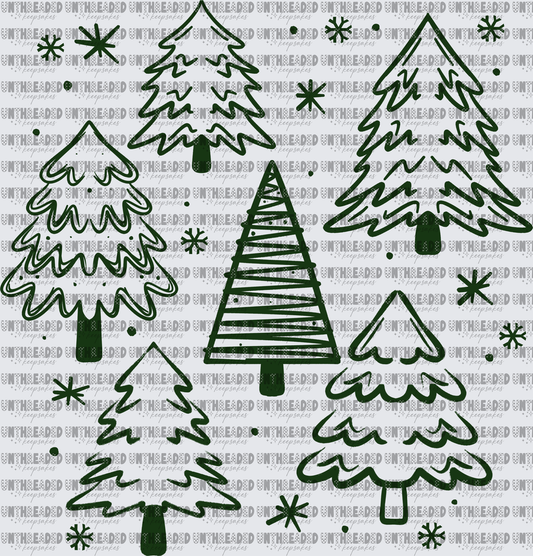 Dark Green Doodle Christmas Trees with Snowflakes Pattern