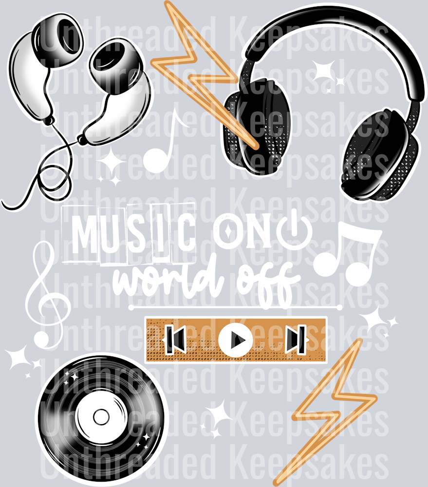 Music on world off white words DTF Transfer