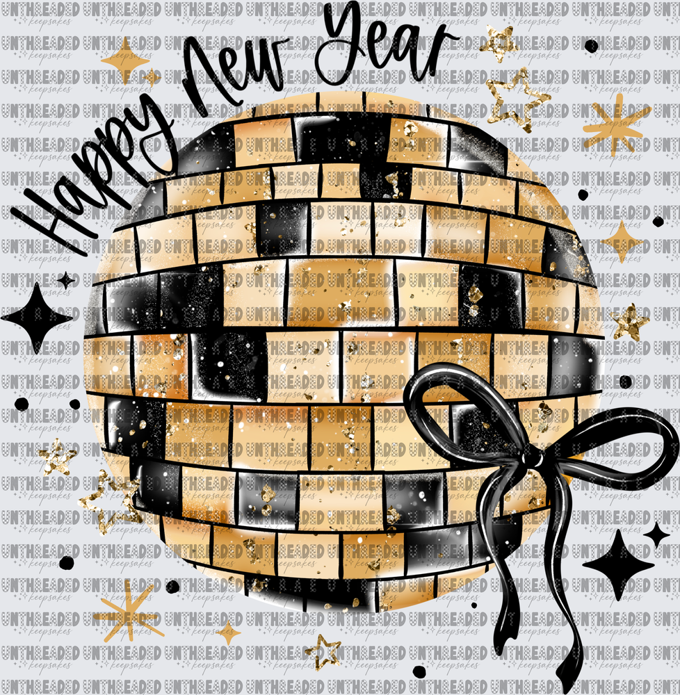 Happy New Year Gold Black Disco Ball with Bow and Stars