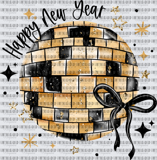 Happy New Year Gold Black Disco Ball with Bow and Stars