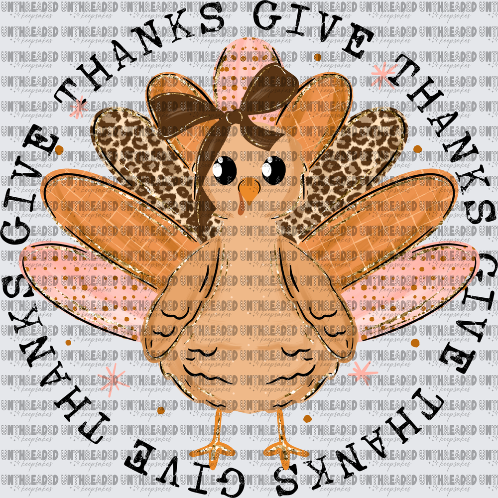 Cute Girl Turkey Bow Leopard Feathers Give Thanks Circle