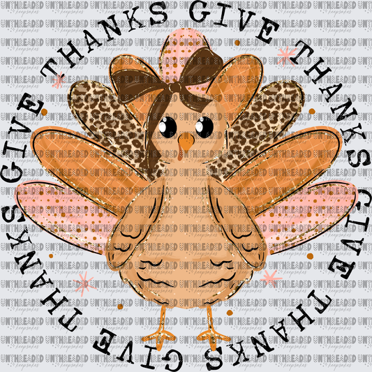 Cute Girl Turkey Bow Leopard Feathers Give Thanks Circle