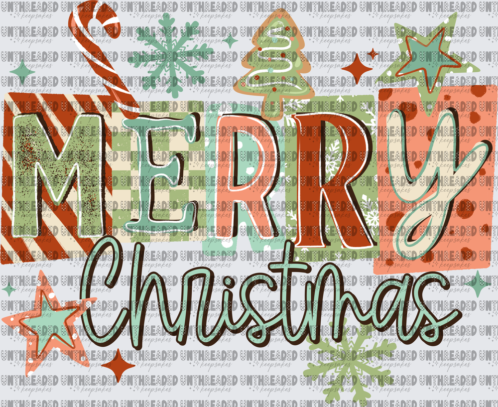 Merry Christmas Retro Patchwork Typography with Holiday Icons