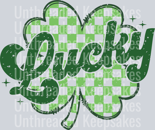 LuckyCheckeredShamrockDoodle-Retro DTF Transfer