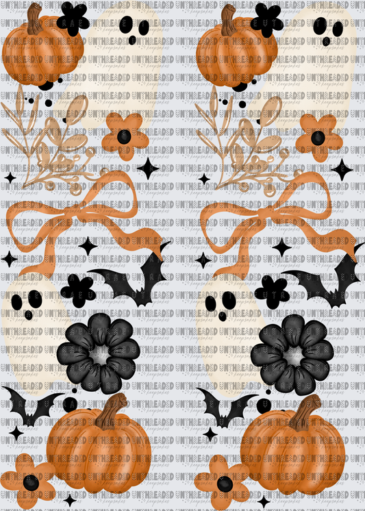 Boho Halloween Ghosts Pumpkins Bats Floral Orange Black