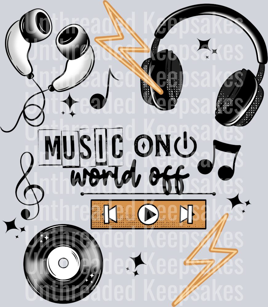 Music on world off black words DTF Transfer