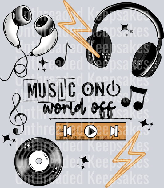 Music on world off black words DTF Transfer