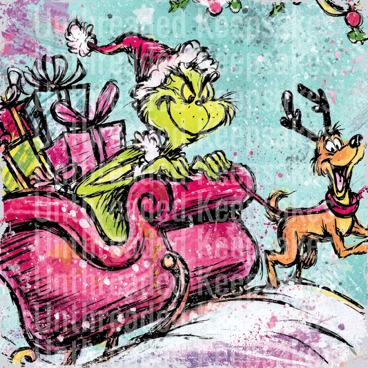 Grinch Max and sleigh DTF Transfer