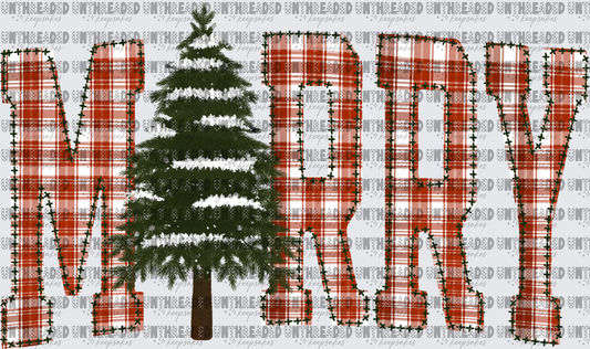 Merry Red Buffalo Plaid Letters Snow-Dusted Christmas Tree