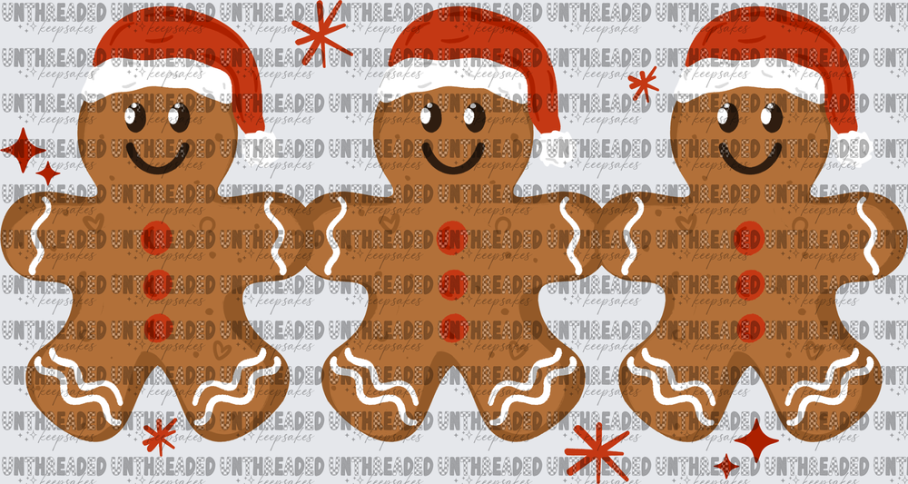 Three Smiling Gingerbread Men in Santa Hats with Snowflakes